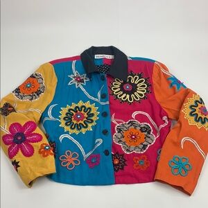 Vintage Tunique Multicolor Embroidered Crop Floral Blazer Statement coat Medium